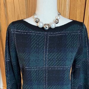 Ann Taylor Black, Navy, Green, Silver Metallic Scottish Plaid Wool Blend Sweater